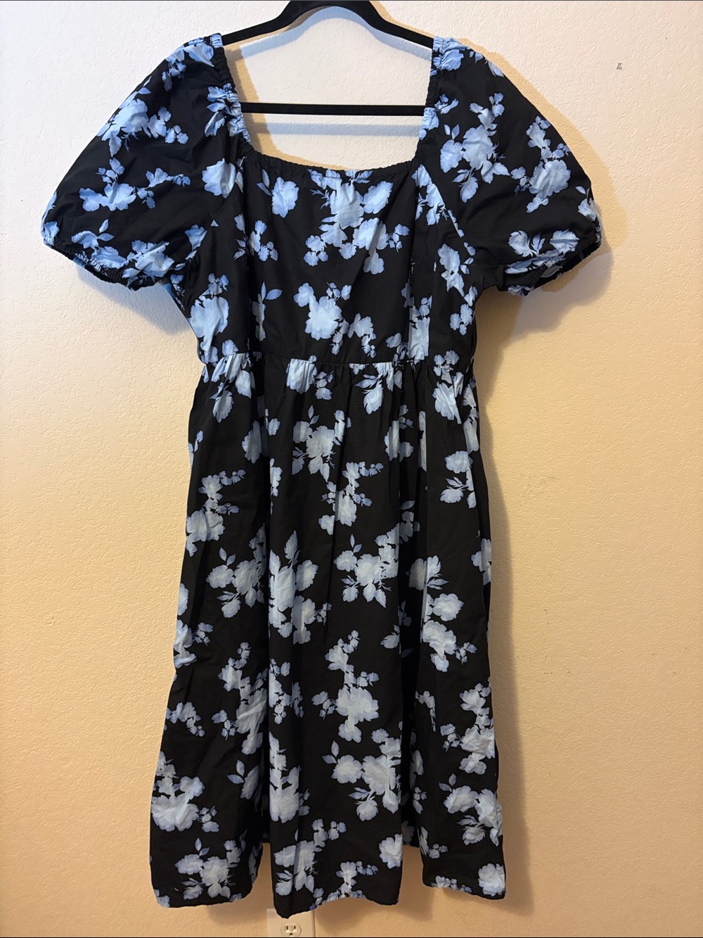 Time and Tru Black and Light Blue Midi Dress with Light Blue Floral Print